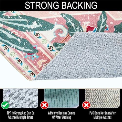 Aldopein Hippie Rugs, 2x3 Faux Wool Tropical Pink Boho Throw Rugs for Bathroom Kitchen Small Indoor Entryway Rug Modern Vintage Distressed Indian Accent Floor Mat Non-Slip Washable - Image 4