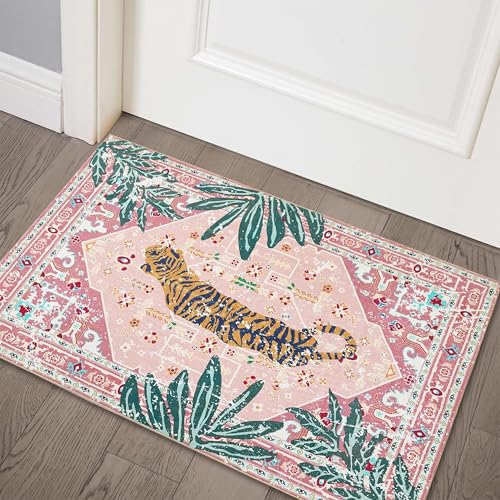Aldopein Hippie Rugs, 2x3 Faux Wool Tropical Pink Boho Throw Rugs for Bathroom Kitchen Small Indoor Entryway Rug Modern Vintage Distressed Indian Accent Floor Mat Non-Slip Washable - Image 1