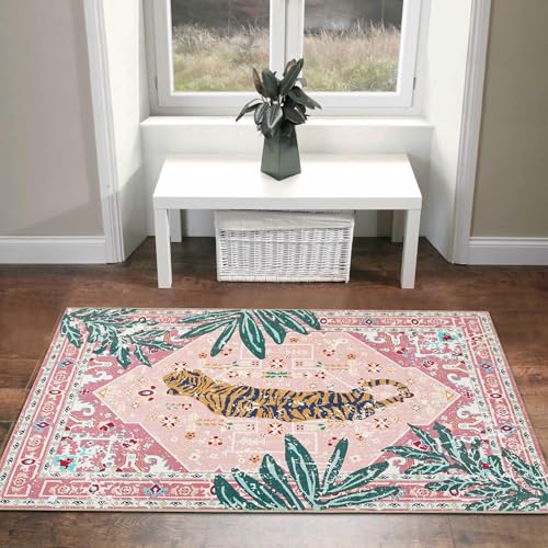 Aldopein Hippie Rugs, 2x3 Faux Wool Tropical Pink Boho Throw Rugs for Bathroom Kitchen Small Indoor Entryway Rug Modern Vintage Distressed Indian Accent Floor Mat Non-Slip Washable - Image 3