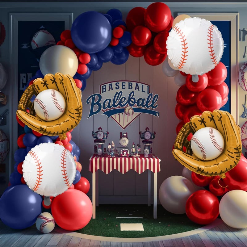 Sowide Baseball Birthday Party Decorations, Navy Blue Red Nude Balloon Arch with Baseball Glove Foil Balloons for Boys Girls Summer Birthdays Party Baseball Themed Party Decorations - Image 4