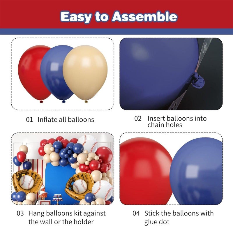 Sowide Baseball Birthday Party Decorations, Navy Blue Red Nude Balloon Arch with Baseball Glove Foil Balloons for Boys Girls Summer Birthdays Party Baseball Themed Party Decorations - Image 3