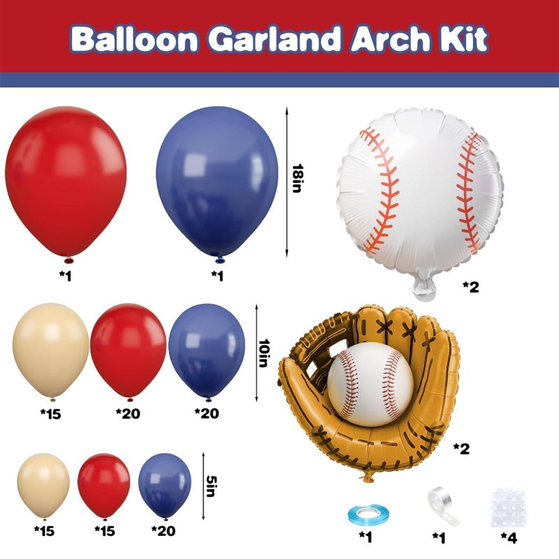 Sowide Baseball Birthday Party Decorations, Navy Blue Red Nude Balloon Arch with Baseball Glove Foil Balloons for Boys Girls Summer Birthdays Party Baseball Themed Party Decorations - Image 2