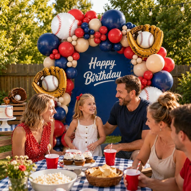 Sowide Baseball Birthday Party Decorations, Navy Blue Red Nude Balloon Arch with Baseball Glove Foil Balloons for Boys Girls Summer Birthdays Party Baseball Themed Party Decorations - Image 5