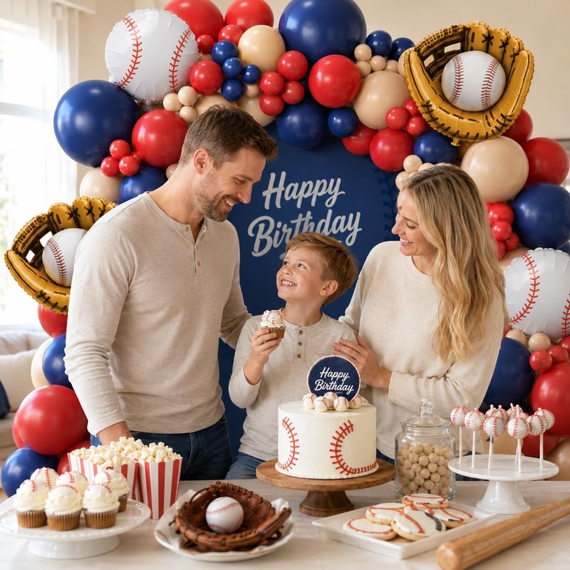 Sowide Baseball Birthday Party Decorations, Navy Blue Red Nude Balloon Arch with Baseball Glove Foil Balloons for Boys Girls Summer Birthdays Party Baseball Themed Party Decorations - Image 4