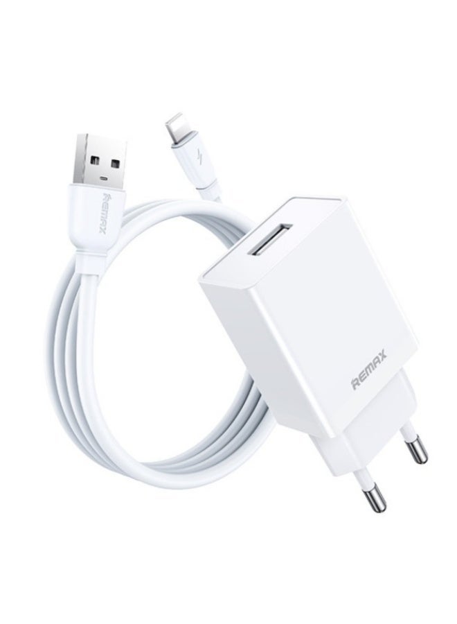 ريماكس شاحن حائط 12 وات مع كابل لايتنينج، محول شحن سريع 1USB 2.4A مع شريحة حماية ذكية - صغير الحجم وآمن لأجهزة iPhone وiPad وأجهزة Apple - أبيض - Image 1