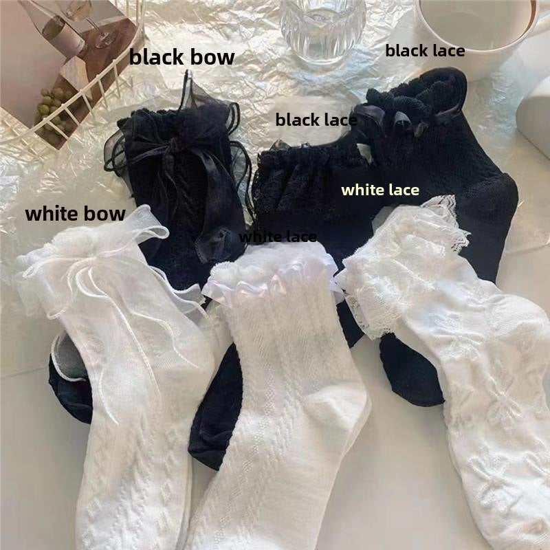 Elegant White Lace Bow Socks, Sweet Lolita Mid-Calf Summer Thin Socks black bow  - Image 2