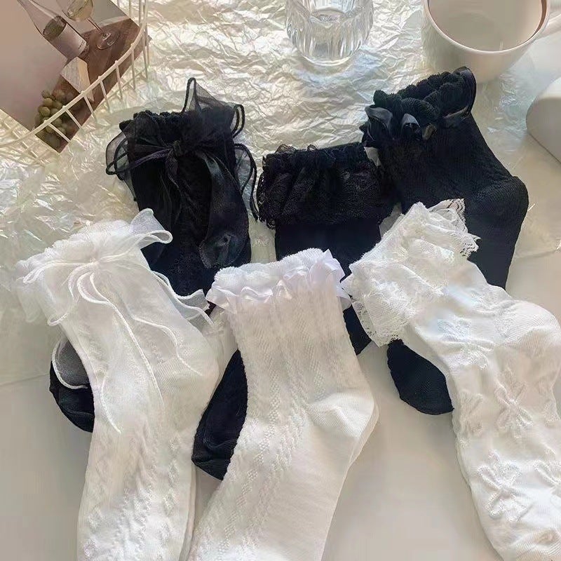 Elegant White Lace Bow Socks, Sweet Lolita Mid-Calf Summer Thin Socks black bow  - Image 3