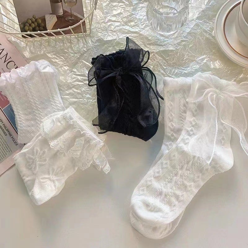 Elegant White Lace Bow Socks, Sweet Lolita Mid-Calf Summer Thin Socks black bow  - Image 5