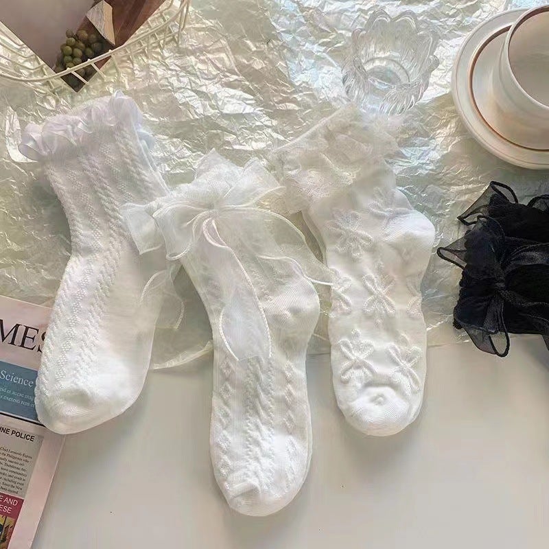 Elegant White Lace Bow Socks, Sweet Lolita Mid-Calf Summer Thin Socks black bow  - Image 4