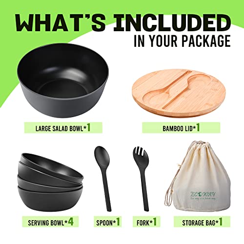 ECOWAY Bamboo Fiber Salad Bowl Set,Large Mixing Bowl with Natural Bamboo Lid and Utensils,4 Serving Bowls,Spoon,Fork and Fabric Bag for Salad,Soup,Vegetables,Pasta and Fruits(Black,9.8inches) - Image 2
