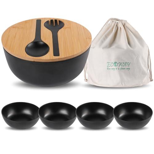 ECOWAY Bamboo Fiber Salad Bowl Set,Large Mixing Bowl with Natural Bamboo Lid and Utensils,4 Serving Bowls,Spoon,Fork and Fabric Bag for Salad,Soup,Vegetables,Pasta and Fruits(Black,9.8inches) - Image 1
