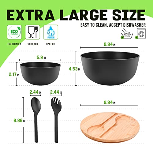 ECOWAY Bamboo Fiber Salad Bowl Set,Large Mixing Bowl with Natural Bamboo Lid and Utensils,4 Serving Bowls,Spoon,Fork and Fabric Bag for Salad,Soup,Vegetables,Pasta and Fruits(Black,9.8inches) - Image 3