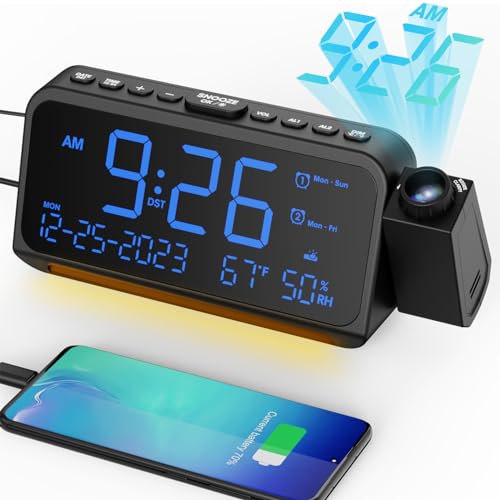 Mesqool Projection Alarm Clock for Bedroom Ceiling, Digital Clock Projector with Weekday/Weekend Mode, Date, Temperature, Humidity, Type-C USB Charger, Snooze, Dual Alarms, Dimmer,12/24H - Image 1