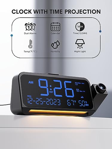 Mesqool Projection Alarm Clock for Bedroom Ceiling, Digital Clock Projector with Weekday/Weekend Mode, Date, Temperature, Humidity, Type-C USB Charger, Snooze, Dual Alarms, Dimmer,12/24H - Image 2