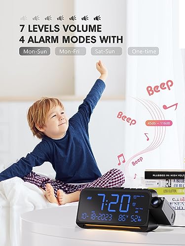 Mesqool Projection Alarm Clock for Bedroom Ceiling, Digital Clock Projector with Weekday/Weekend Mode, Date, Temperature, Humidity, Type-C USB Charger, Snooze, Dual Alarms, Dimmer,12/24H - Image 5