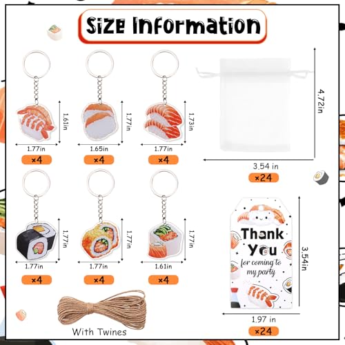 Serencatcher 72pcs Sushi Party Decorations, Japanese Theme Sushi Keychain Thank You Tags White Organza Bags for Asian Japanese Food Theme Party Supplies - Image 2