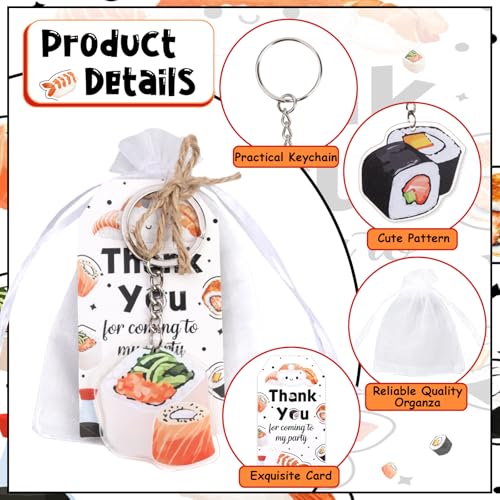 Serencatcher 72pcs Sushi Party Decorations, Japanese Theme Sushi Keychain Thank You Tags White Organza Bags for Asian Japanese Food Theme Party Supplies - Image 3