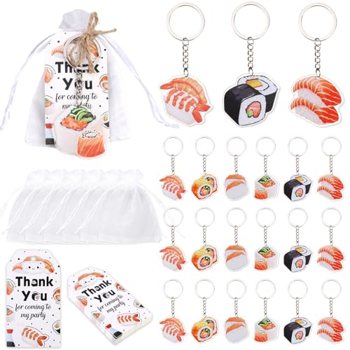 Serencatcher 72pcs Sushi Party Decorations, Japanese Theme Sushi Keychain Thank You Tags White Organza Bags for Asian Japanese Food Theme Party Supplies - Image 1