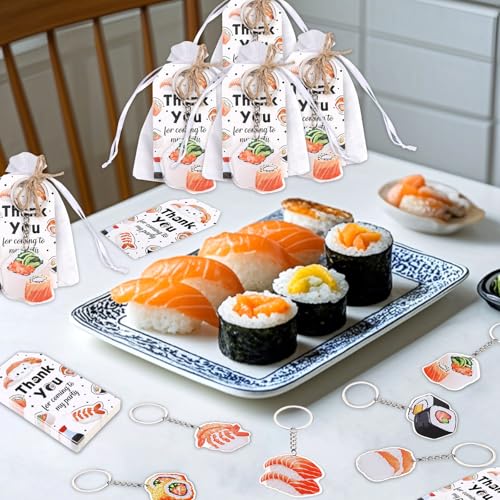 Serencatcher 72pcs Sushi Party Decorations, Japanese Theme Sushi Keychain Thank You Tags White Organza Bags for Asian Japanese Food Theme Party Supplies - Image 5