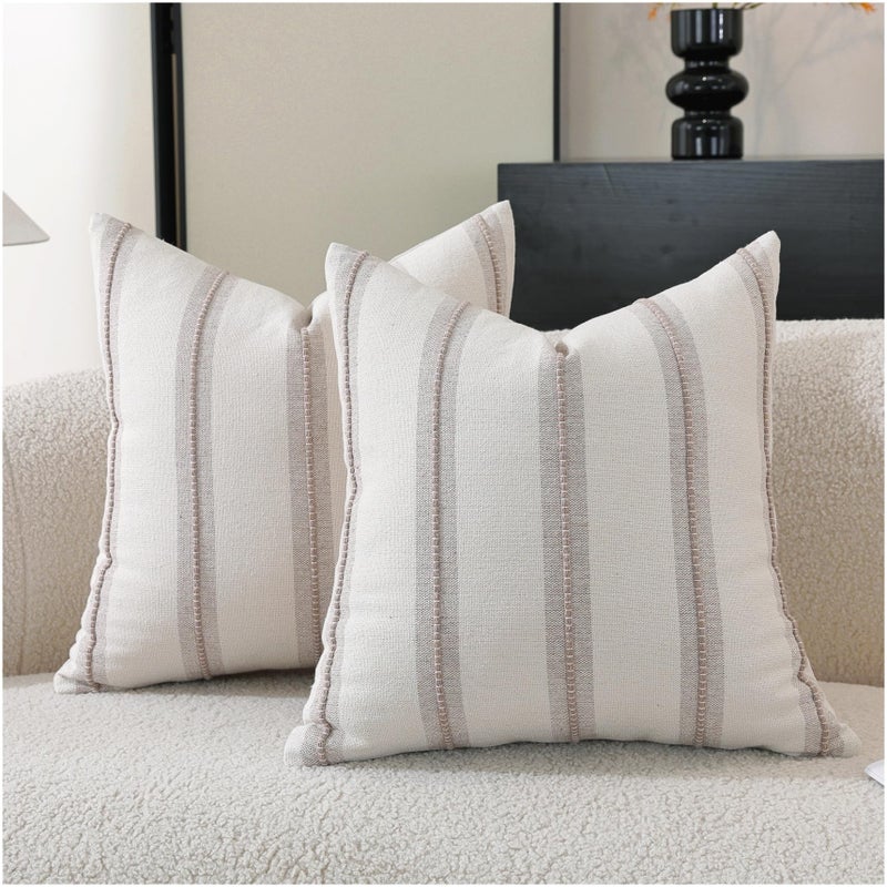 Cethom Boho Throw Pillow Covers 20x20 Set of 2, Taupe Striped Decorative Pillow Cases for Couch Chair Bed, Textured Farmhouse Modern Accent Cushion Covers for Living Room Bedroom Sofa Home Decor - Image 1