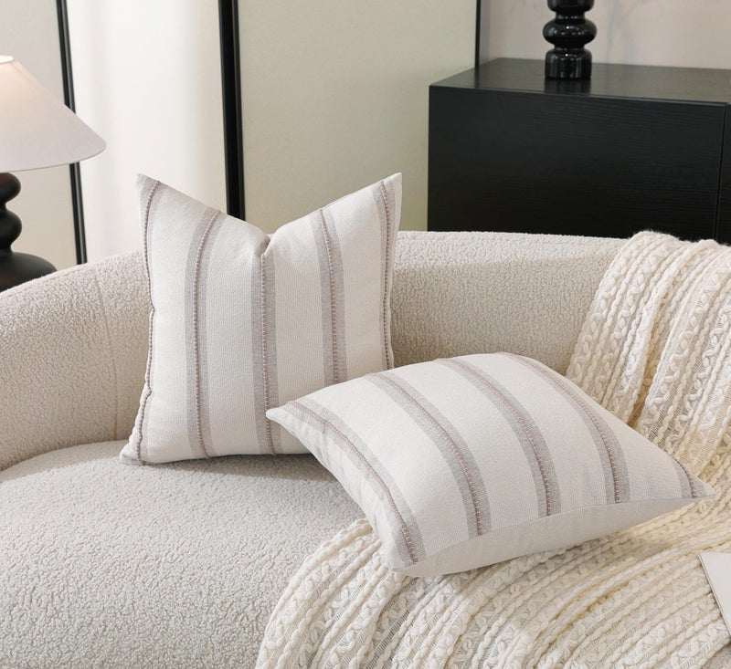 Cethom Boho Throw Pillow Covers 20x20 Set of 2, Taupe Striped Decorative Pillow Cases for Couch Chair Bed, Textured Farmhouse Modern Accent Cushion Covers for Living Room Bedroom Sofa Home Decor - Image 2