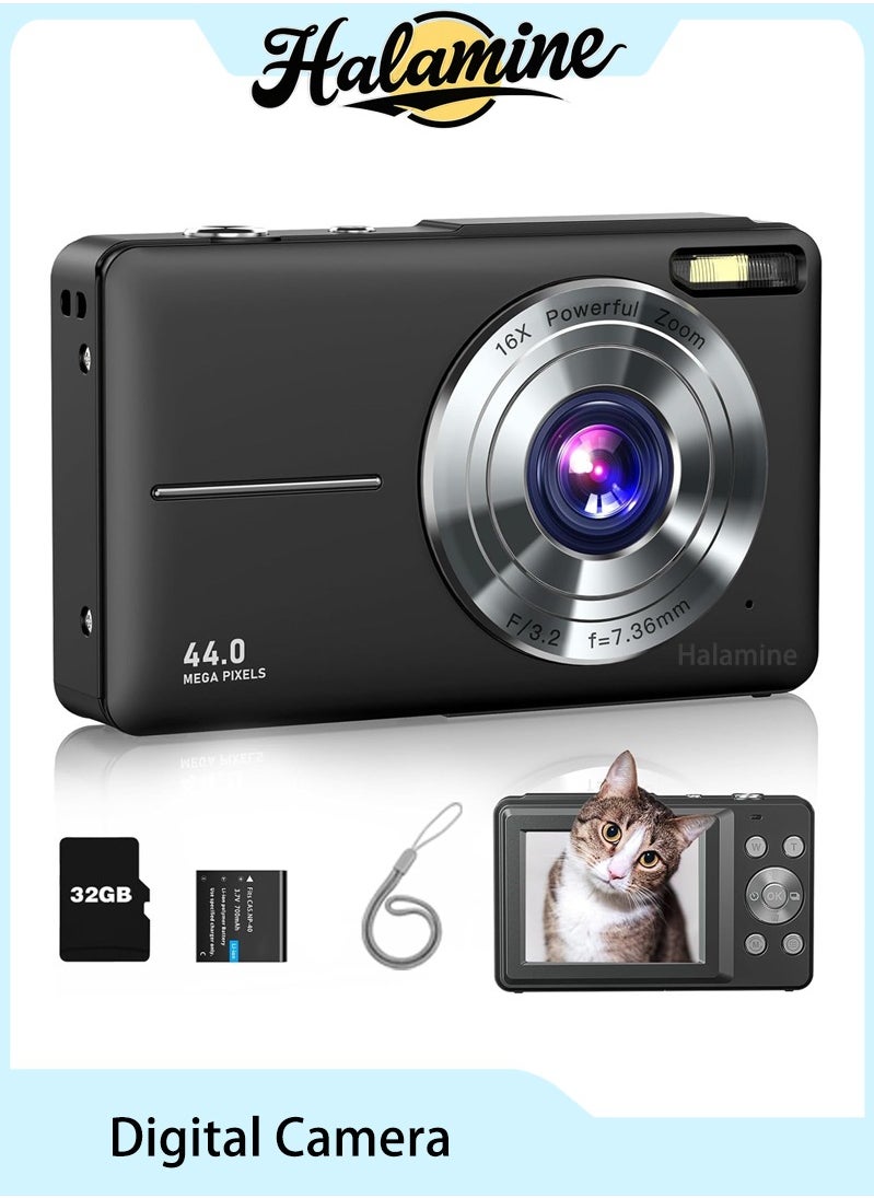 Halamine Digital Camera, FHD 1080P  Kids Camera,with 32GB Memory Card ，44MP Point Digital  Camera , Compact Small Camera for Kids (Black)  - Image 1