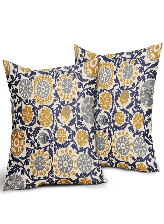 Aytipun Navy Blue Yellow Grey Pillow Covers 18x18 Set of 2 Boho Carpet Pattern Decorative Throw Pillows Outdoor Pillowcase Vintage Floral Farmhouse Square Linen Cushion Case Decor for Sofa Couch Bed - Image 2