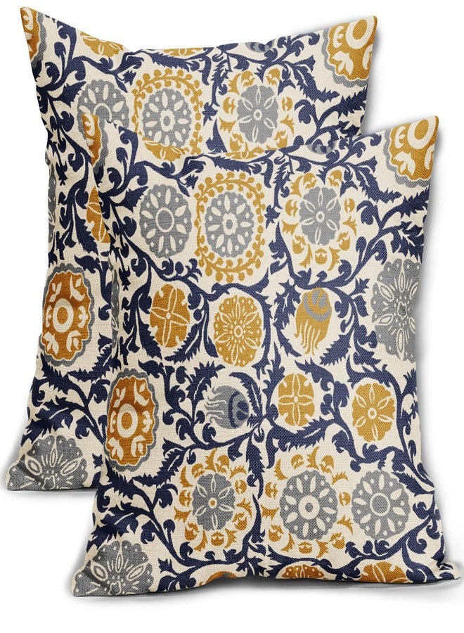 Aytipun Navy Blue Yellow Grey Pillow Covers 18x18 Set of 2 Boho Carpet Pattern Decorative Throw Pillows Outdoor Pillowcase Vintage Floral Farmhouse Square Linen Cushion Case Decor for Sofa Couch Bed - Image 1