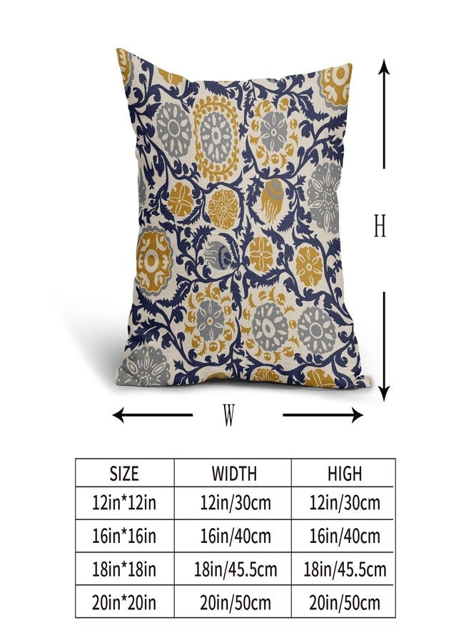 Aytipun Navy Blue Yellow Grey Pillow Covers 18x18 Set of 2 Boho Carpet Pattern Decorative Throw Pillows Outdoor Pillowcase Vintage Floral Farmhouse Square Linen Cushion Case Decor for Sofa Couch Bed - Image 5