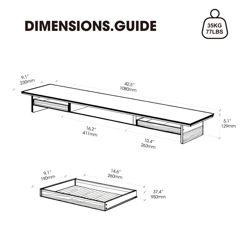Fenge Dual Monitor Stand with Drawer, 42.5 Inch Large Monitor Riser with Acrylic Legs Supports, Computer Stand for Desk, 2 Tier Wood Desk Shelf with Storage Organizer for PC, Laptop, Printer, TV - Image 5