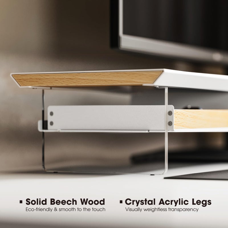 Fenge Dual Monitor Stand with Drawer, 42.5 Inch Large Monitor Riser with Acrylic Legs Supports, Computer Stand for Desk, 2 Tier Wood Desk Shelf with Storage Organizer for PC, Laptop, Printer, TV - Image 3