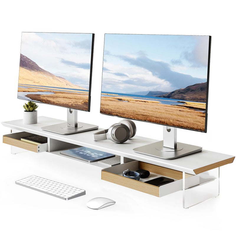 Fenge Dual Monitor Stand with Drawer, 42.5 Inch Large Monitor Riser with Acrylic Legs Supports, Computer Stand for Desk, 2 Tier Wood Desk Shelf with Storage Organizer for PC, Laptop, Printer, TV - Image 1