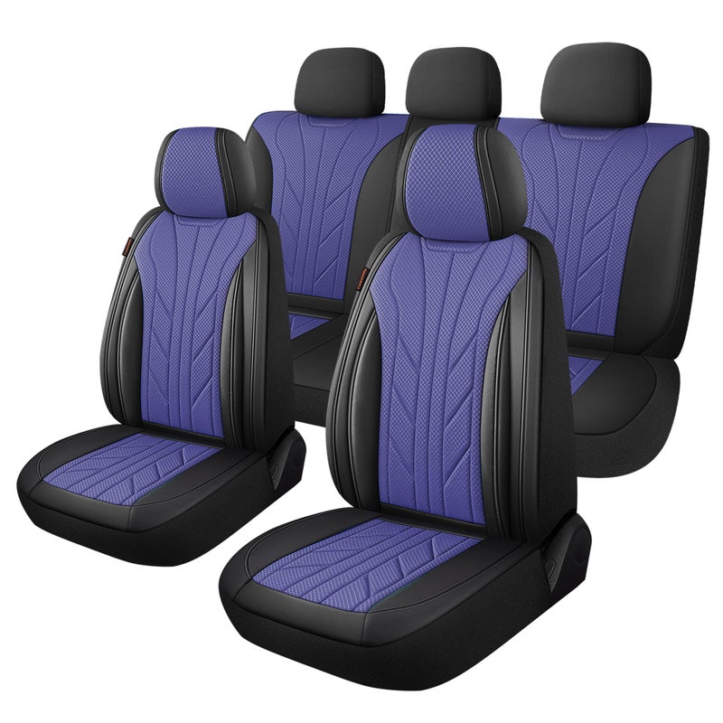 CAROMOP Luxury Faux Leather&Fabric Car Seat Covers Full Set with Breathable 3D Foam Back Support,Universal Comfortable Seat Covers for Cars,Trucks,SUVs, Front Armrests Compatible(5-Seat Black/Blue) - Image 1