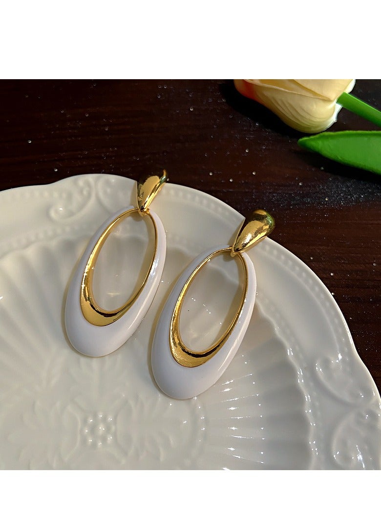 Gold and White Double Oval Drop Earrings Lightweight Resin & Metal, Perfect for Weddings, Eid, Office, Casual & Evening Events - Image 2