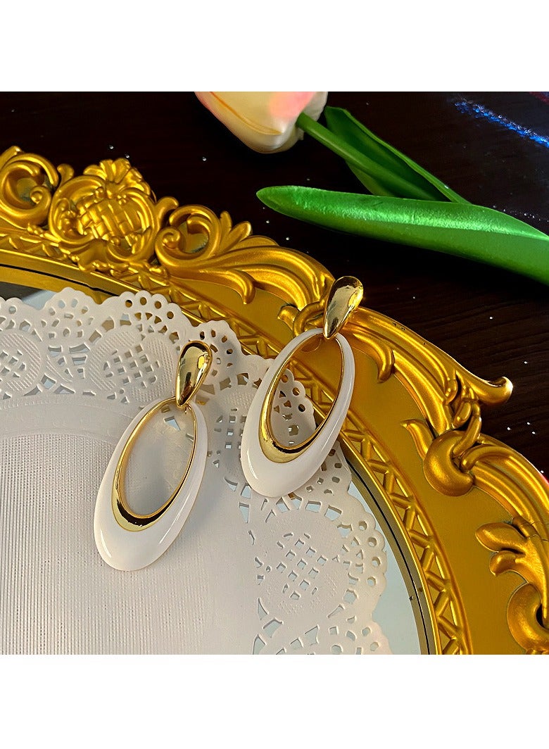 Gold and White Double Oval Drop Earrings Lightweight Resin & Metal, Perfect for Weddings, Eid, Office, Casual & Evening Events - Image 3