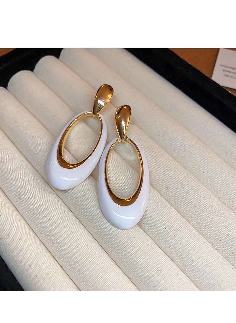 Gold and White Double Oval Drop Earrings Lightweight Resin & Metal, Perfect for Weddings, Eid, Office, Casual & Evening Events - Image 5