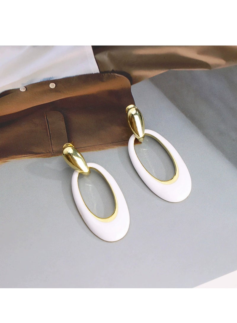 Gold and White Double Oval Drop Earrings Lightweight Resin & Metal, Perfect for Weddings, Eid, Office, Casual & Evening Events - Image 4