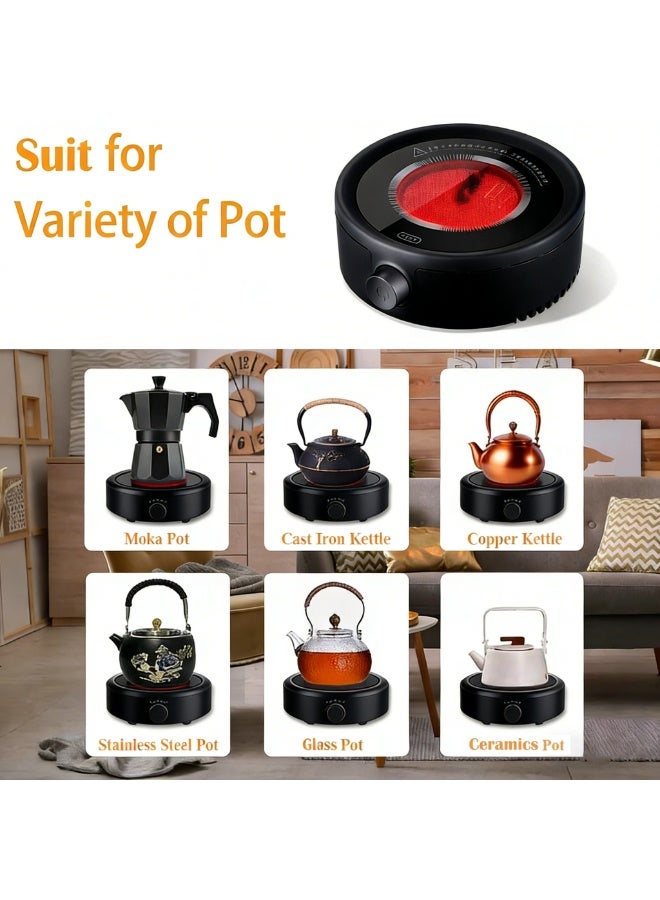 تابيت موقد كهربائي صغير محمول لتسخين القهوة، بقوة 800 واط، مزود بسطح تسخين دائري من السيراميك، يُستخدم لغلي الماء والشاي والقهوة (موقد كهربائي أسود) - Image 3