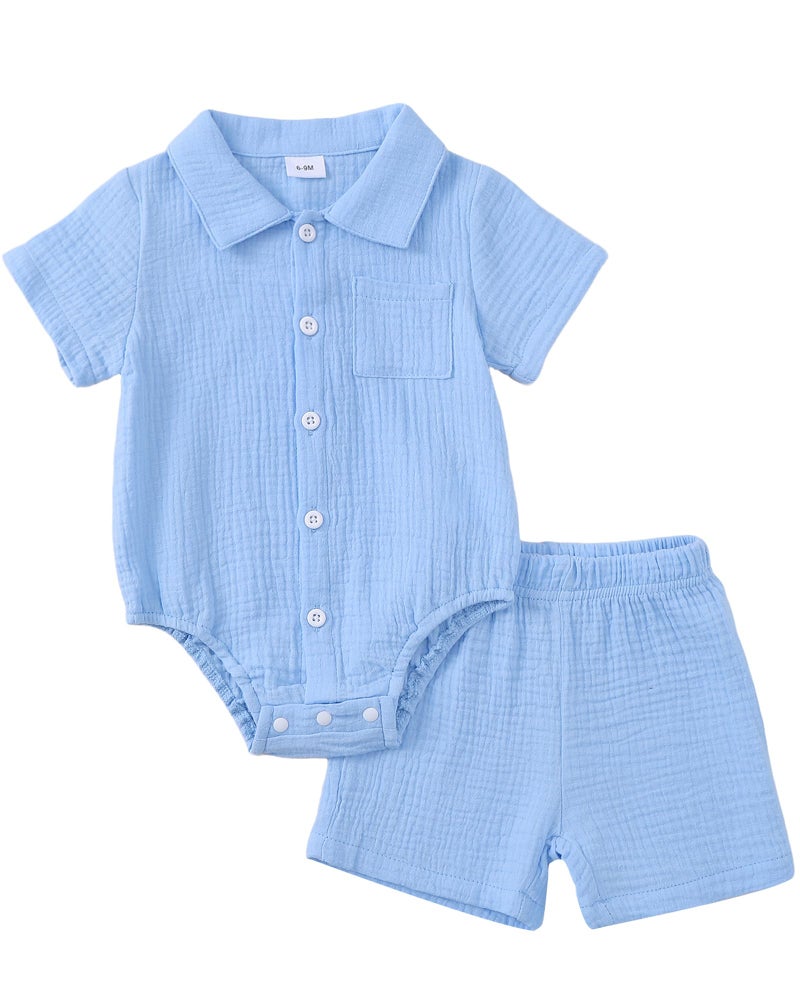 Jecson Newborn Boy Clothes Baby Boy Outfits Summer Cotton 2 Piece Set with Button Down Bodysuit and Shorts - Image 1