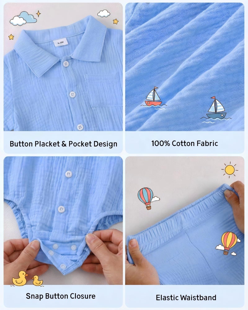 Jecson Newborn Boy Clothes Baby Boy Outfits Summer Cotton 2 Piece Set with Button Down Bodysuit and Shorts - Image 4