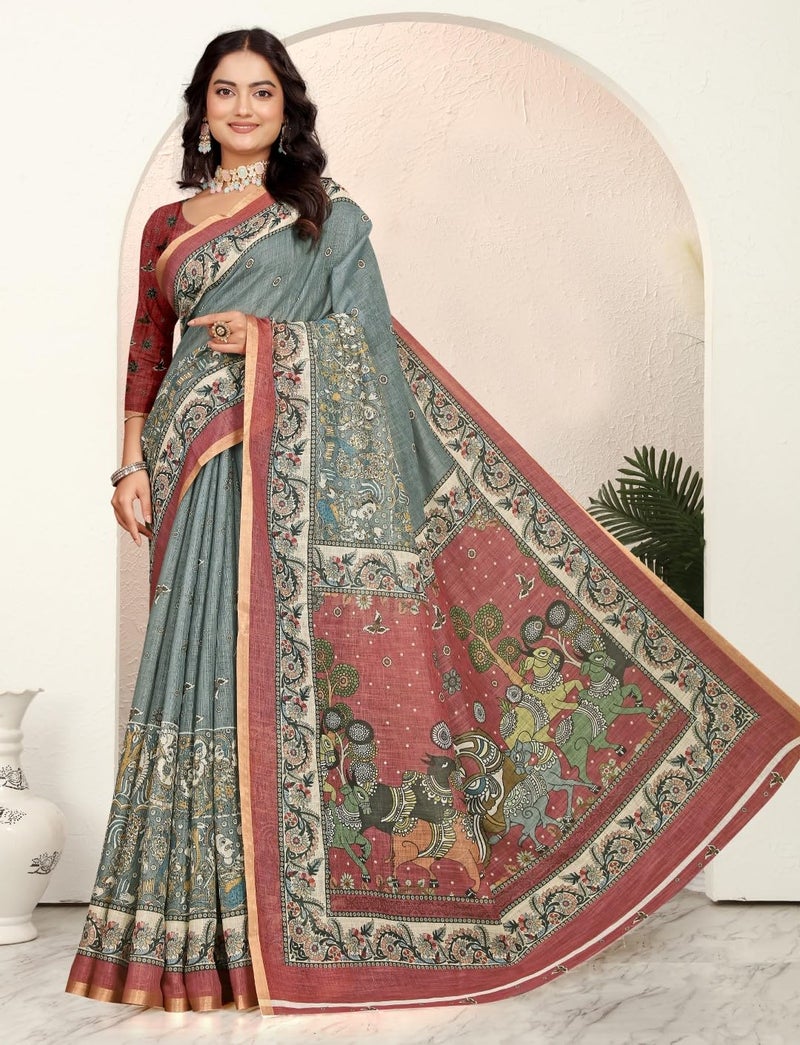 C J Enterprise Women’s Pure Soft Cotton Saree Linen For Kalamkari Silk Sarees Latest Party Design Wear Wedding Sadi With Blouse Piece Sari South Mul Print 2025 New (Linen Cotton) (Grey) - Image 5