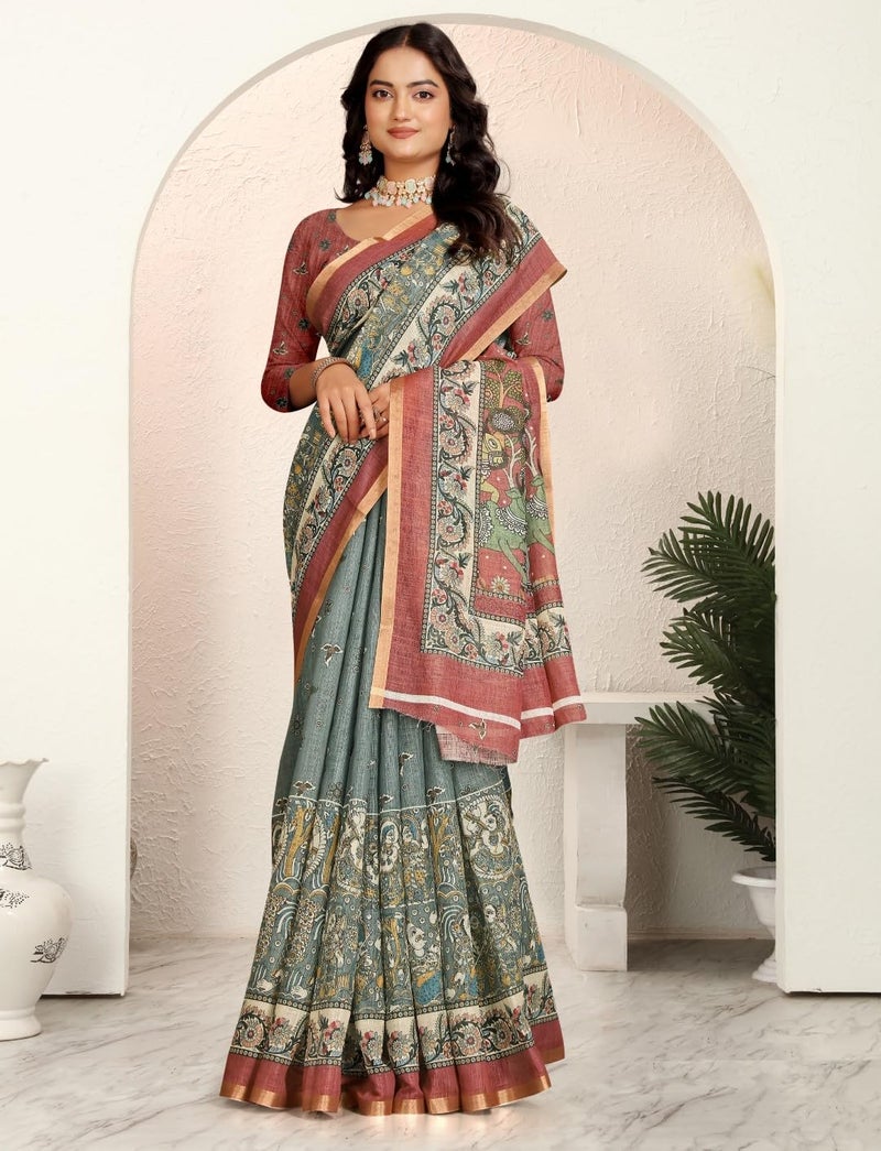 C J Enterprise Women’s Pure Soft Cotton Saree Linen For Kalamkari Silk Sarees Latest Party Design Wear Wedding Sadi With Blouse Piece Sari South Mul Print 2025 New (Linen Cotton) (Grey) - Image 4