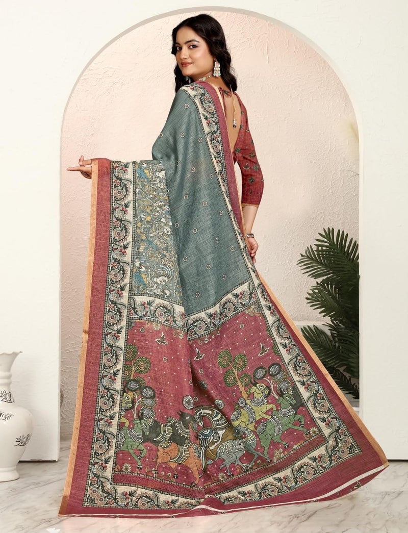 C J Enterprise Women’s Pure Soft Cotton Saree Linen For Kalamkari Silk Sarees Latest Party Design Wear Wedding Sadi With Blouse Piece Sari South Mul Print 2025 New (Linen Cotton) (Grey) - Image 3