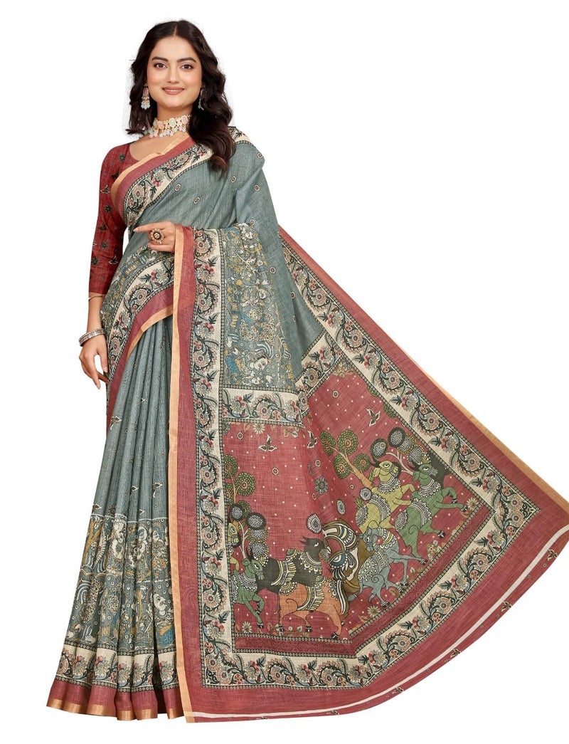 C J Enterprise Women’s Pure Soft Cotton Saree Linen For Kalamkari Silk Sarees Latest Party Design Wear Wedding Sadi With Blouse Piece Sari South Mul Print 2025 New (Linen Cotton) (Grey) - Image 1