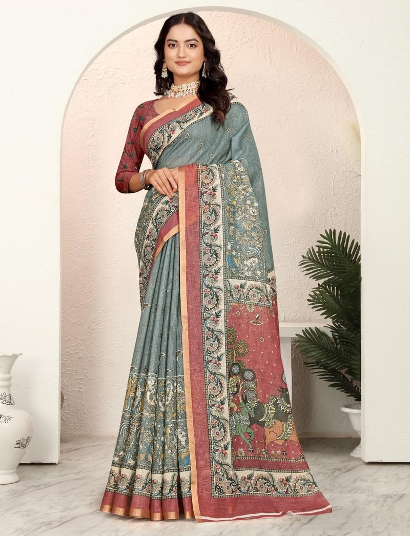 C J Enterprise Women’s Pure Soft Cotton Saree Linen For Kalamkari Silk Sarees Latest Party Design Wear Wedding Sadi With Blouse Piece Sari South Mul Print 2025 New (Linen Cotton) (Grey) - Image 2
