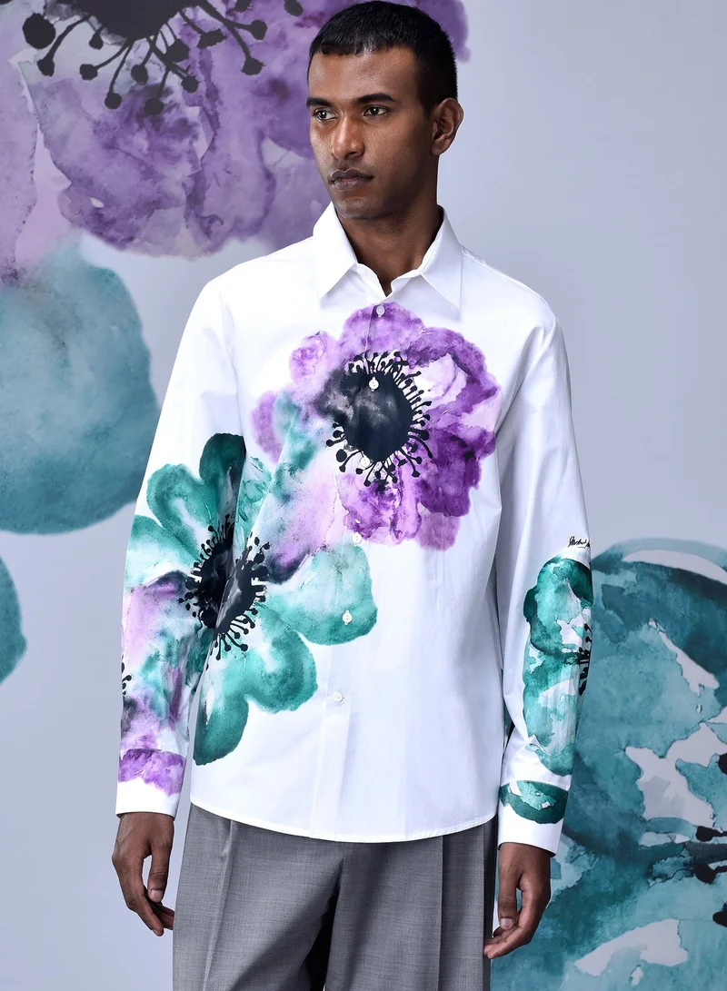 Genes Lecoanet Hemant Anemone Flower Regular Fit Shirt- Green