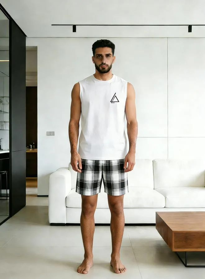 Take Two Men Printed Round Neck Tank and Checked Shorts Set