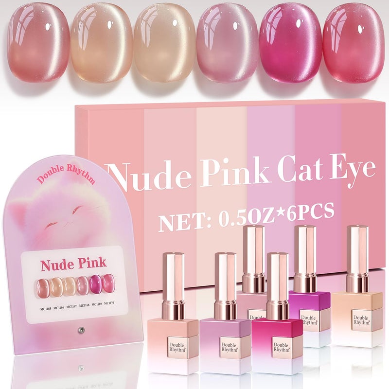 طقم طلاء أظافر جل عيون قطة مزدوجة الإيقاع 6 قطع بنفس اللون نفس الزجاجة 0.5 أونصة لامع مع مغناطيس هولوجرافيك عاكس طقم طلاء أظافر UV في المنزل (وردي عاري روز-T6-30)