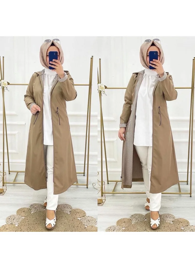 Vibeys Collection Beige Striped and Self-Lined Waterproof Women's Trench Coat