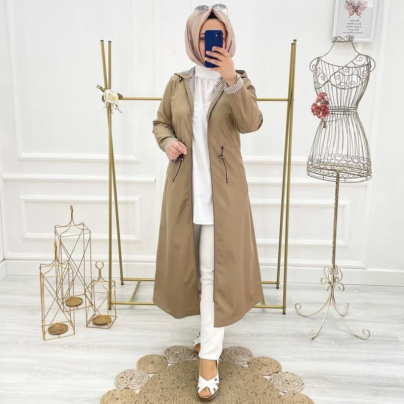 Vibeys Collection Beige Striped and Self-Lined Waterproof Women's Trench Coat
